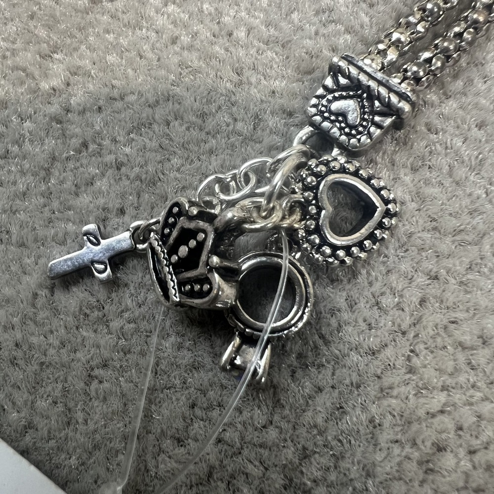 Premier Designs Y2K Religious Charm Bracelet OS Silver Popcorn Chain Cross Heart - Picture 3 of 4